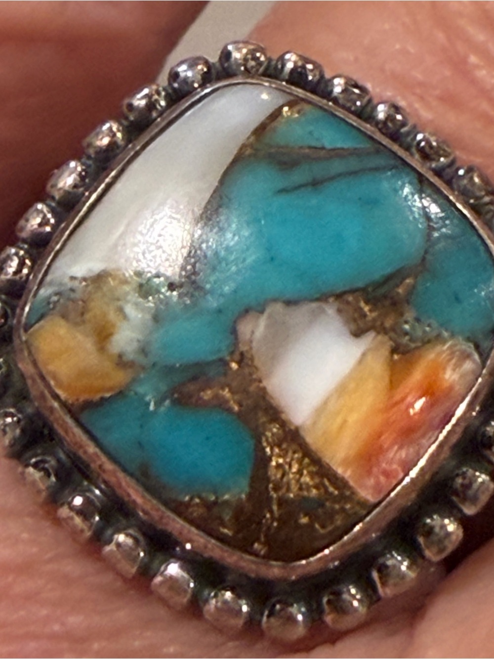 Vintage Southwestern Sterling Silver Oyster Copper Turquoise Mosaic Ring - Size - Picture 3 of 6